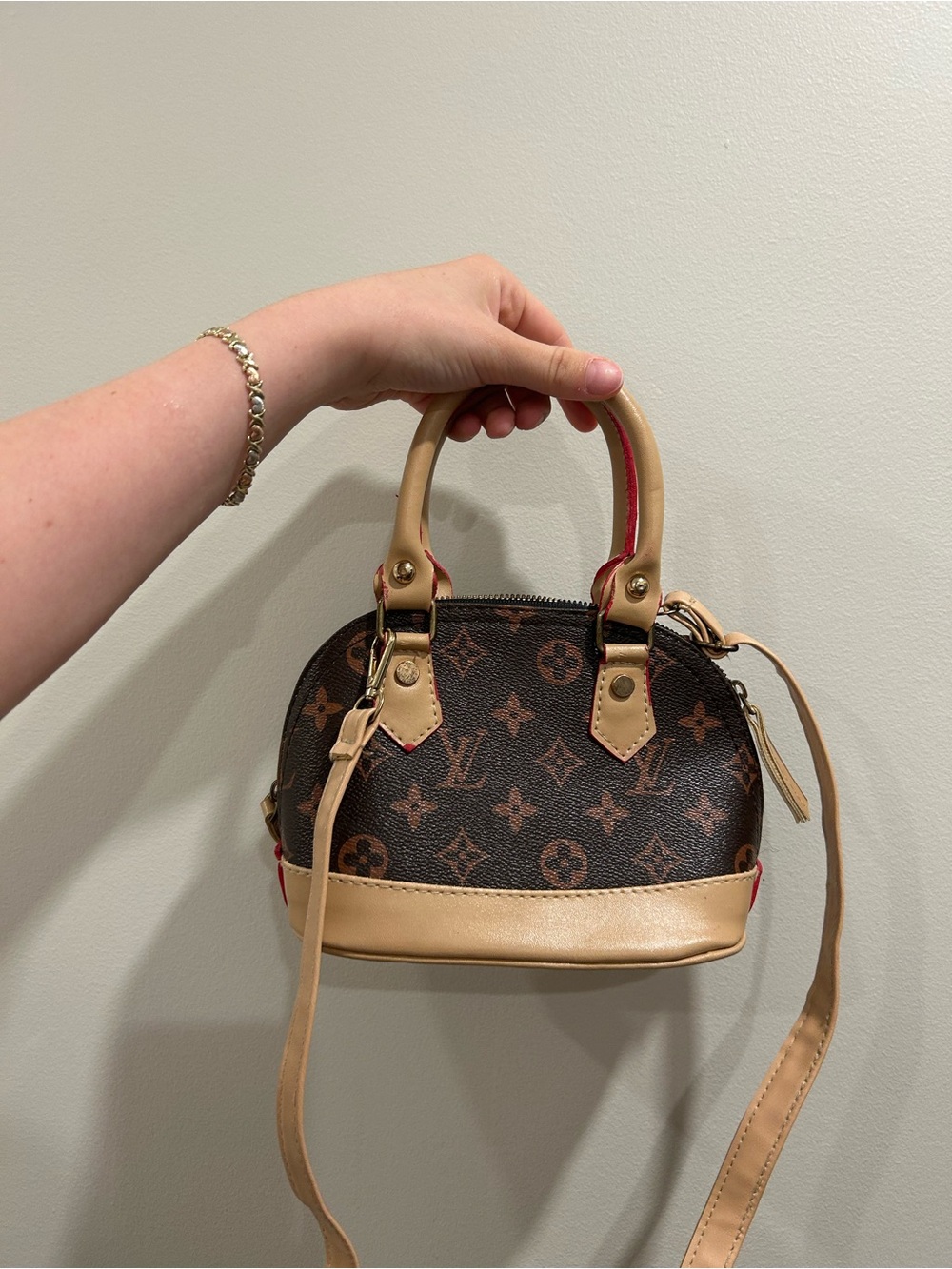 Mini Alma Monogram Canvas Bag in Brown and Tan with Red Trim